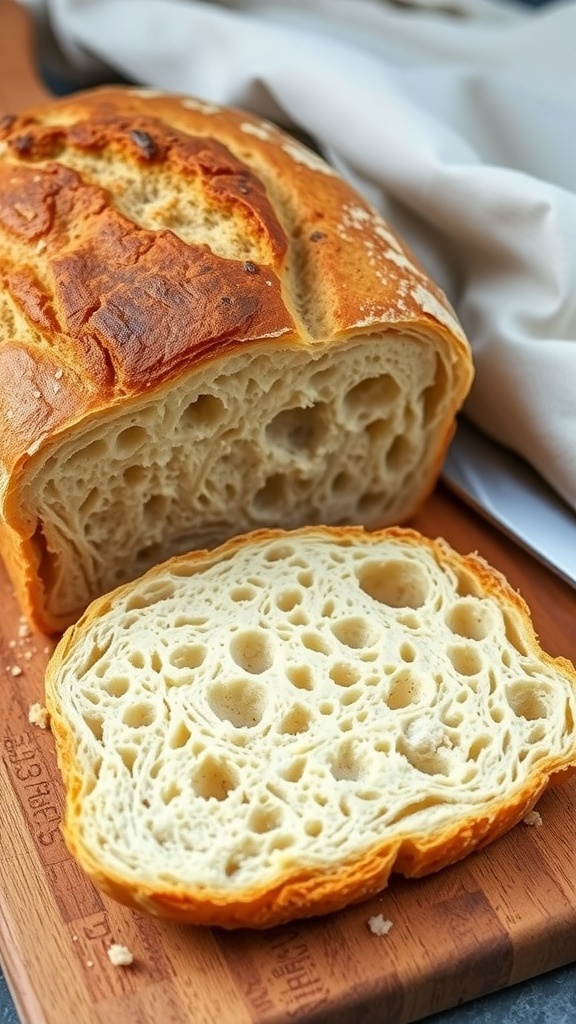 A rustic loaf of sourdough bread with a golden crust and airy interior, sliced on a wooden board.